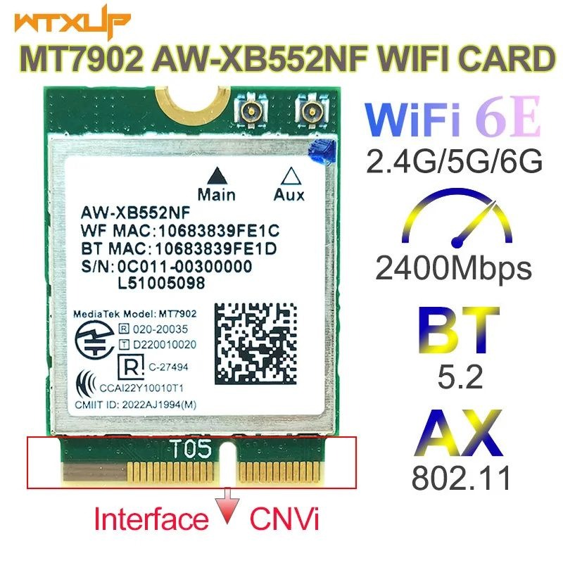 کارت وایرلس AzureWave AW-XB552NF MediaTek MT7902 Wi-Fi 6E M.2 CNVio2