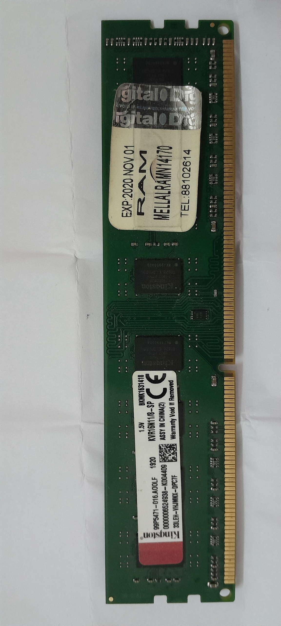رم دسکتاپ کینگستون مدل DDR3 PC3-12800U 1600MHz ظرفیت 8 گیگابایت