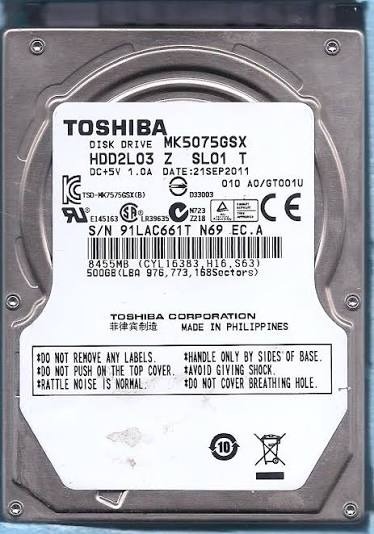 هارد لپ تاپ 2.5 اینچ توشیبا مدل TOSHIBA MK5075GSX ظرفیت 500 گیگابایت